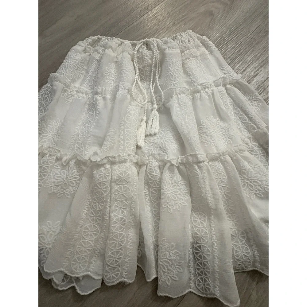 Blu Pepper Mini Skirt Women White Embroidered Tiered Skirt Tassel Drawstring XS